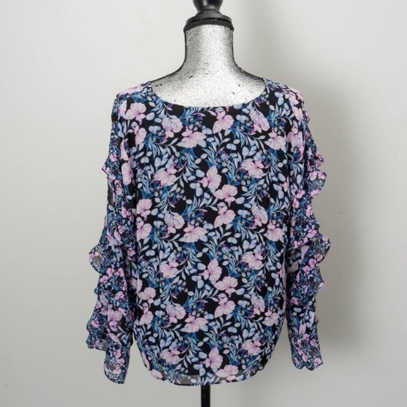 NWT Vince Camuto Navy Floral Tiered Ruffle-Sleeve V-Neck Top -Large - Picture 5 of 6